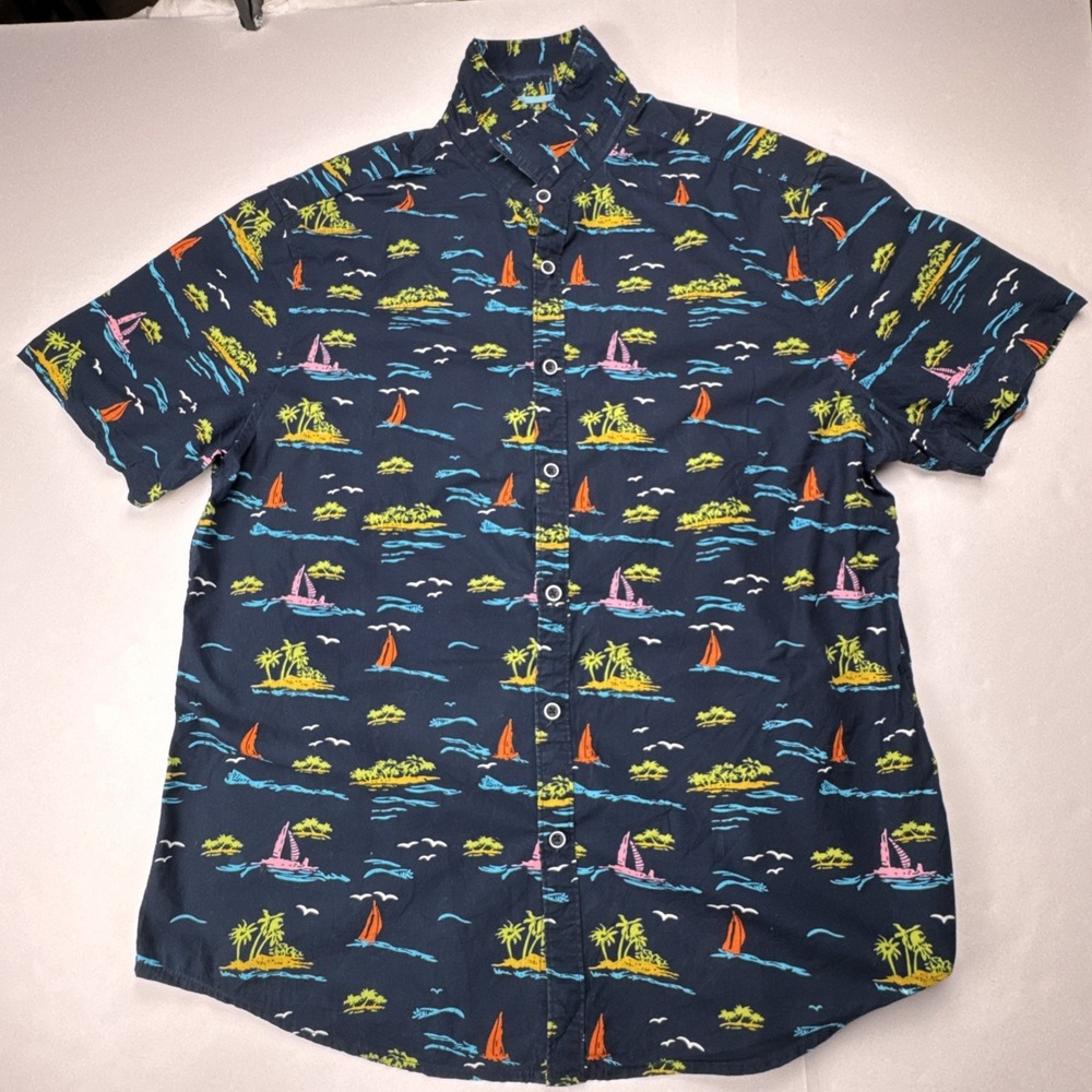 Denim & Flower Shirt Tropical Island Sailboat Print Slim Fit Size XL Navy Blue